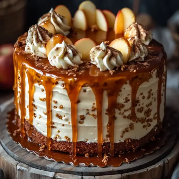 Bratapfeltorte mit Orangen-Zimt-Creme und Karamell-Drip