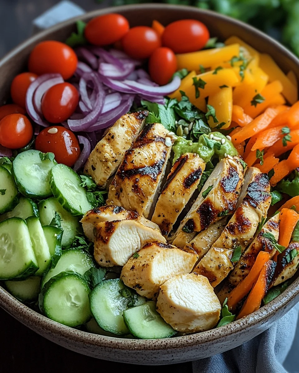 Bunte Salat Bowl mit Avocado, Hähnchen und Knoblauchdressing