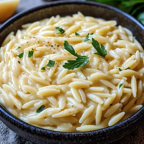 Cremige Orzo-Nudeln mit Knoblauch und Parmesan