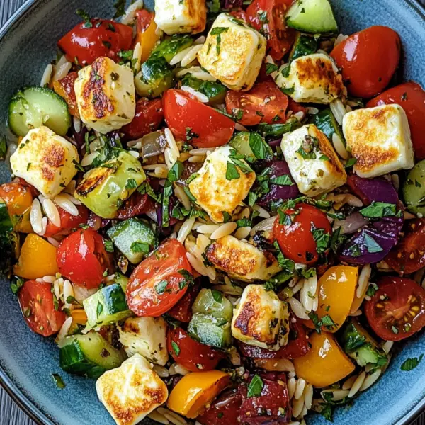 Kritharaki-Salat mit Halloumi-Croutons