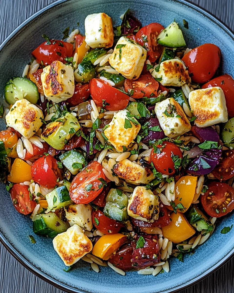 Kritharaki-Salat mit Halloumi-Croutons