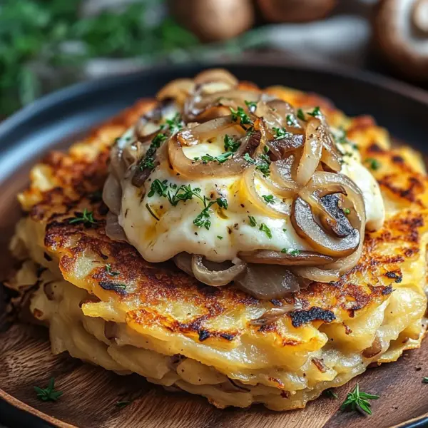 Mozzarella Rösti mit Zwiebel-Pilzrahmsoße