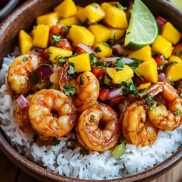Pikante Garnelen und Mango Salsa Reisbowl
