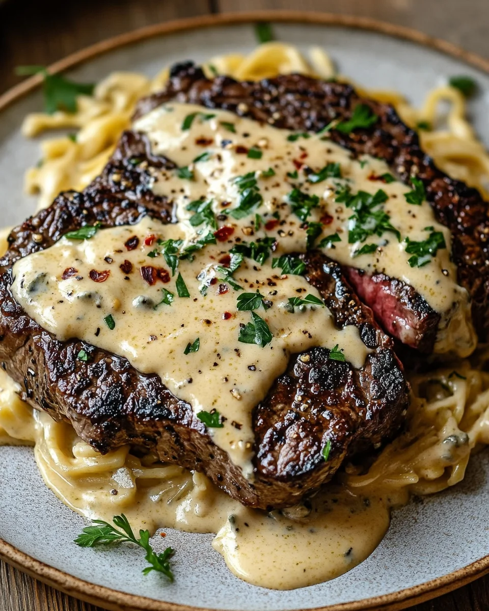 Pikantes Steak Gorgonzola Alfredo mit cremiger Parmesan-Soße 27 Pikantes