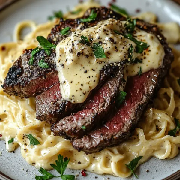Pikantes Steak Gorgonzola Alfredo mit cremiger Parmesan-Soße