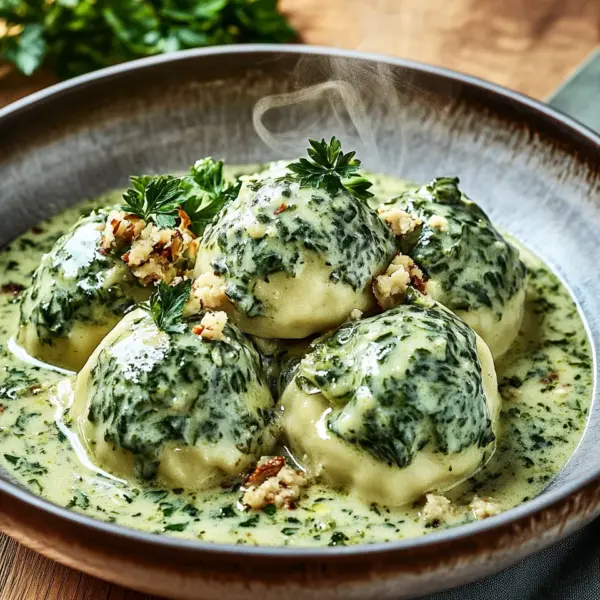 Spinat-Knödel mit Pilzragout