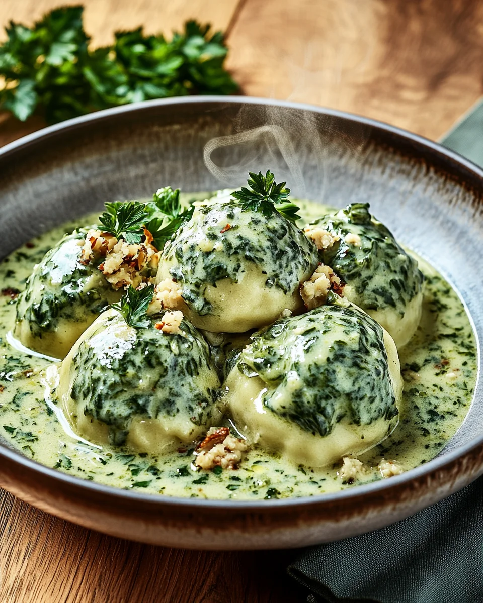 Spinat-Kn&ouml;del mit Pilzragout