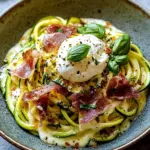 Zucchini Carbonara mit knusprigem Prosciutto und Burrata