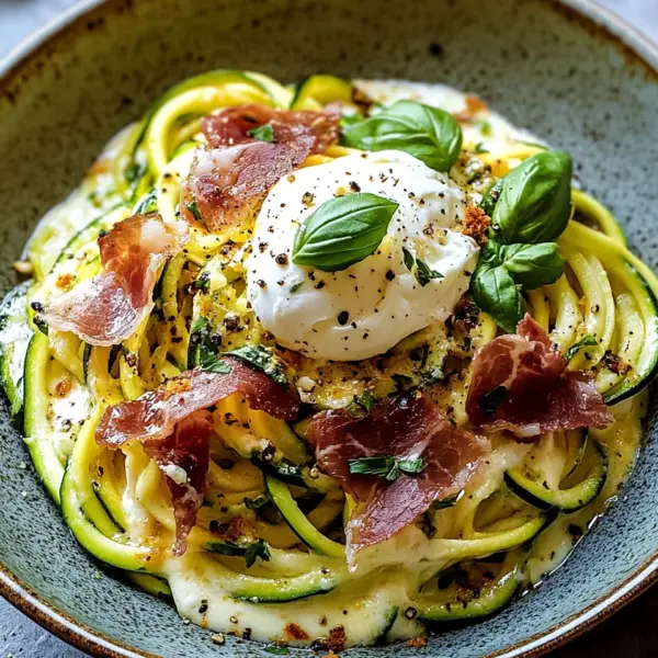 Zucchini Carbonara mit knusprigem Prosciutto und Burrata