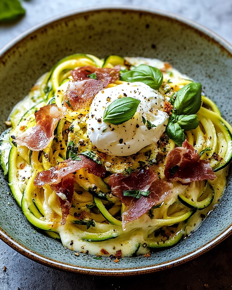 Zucchini Carbonara mit knusprigem Prosciutto und Burrata 25 Zucchini Carbonara mit knusprigem Prosciutto und Burrata