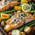 Einfaches Blechlachs Rezept mit gr&uuml;nen Bohnen und Kartoffeln