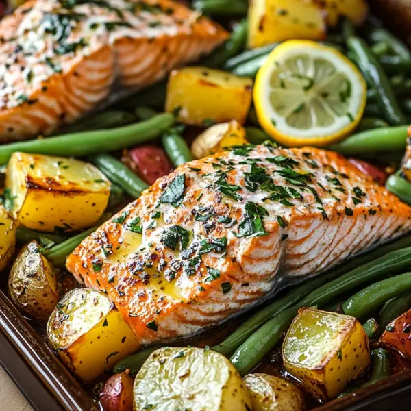 Einfaches Blechlachs Rezept mit grünen Bohnen und Kartoffeln