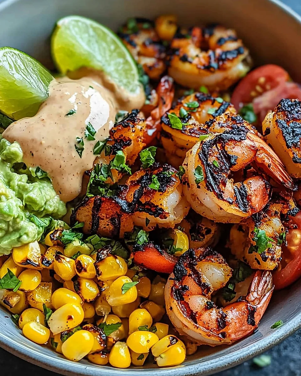 Gegrillte Garnelen Bowl mit Avocado Mais-Salsa & Cremiger Sauce 28 Gegrillte