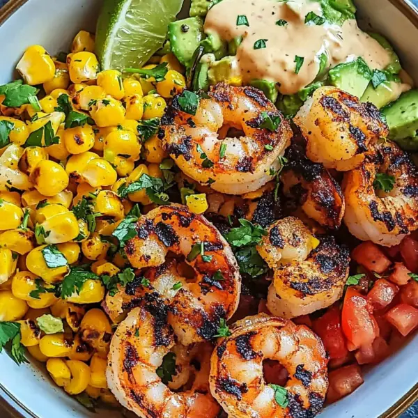 Gegrillte Garnelen Bowl mit Avocado Mais-Salsa & Cremiger Sauce