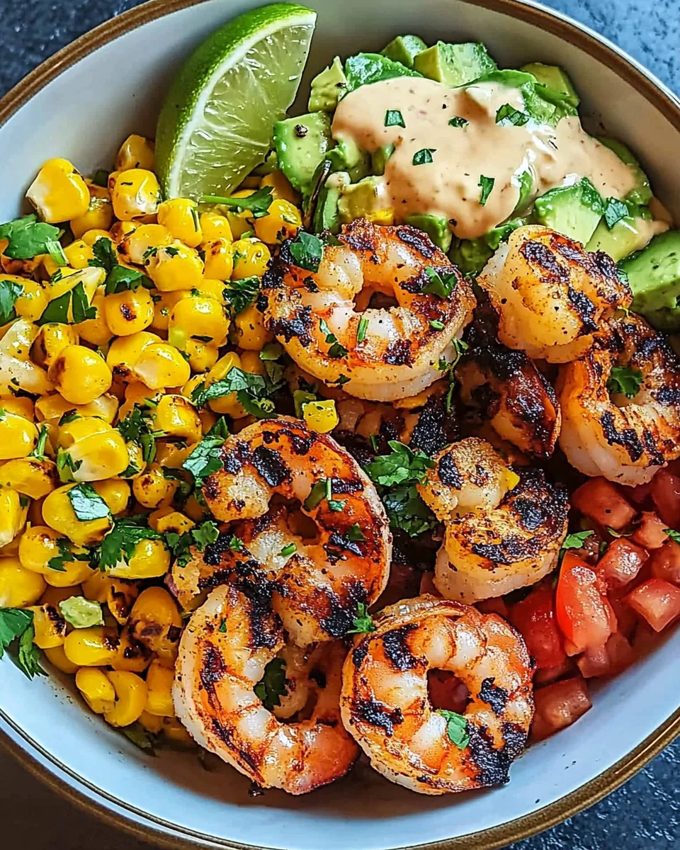 Gegrillte Garnelen Bowl mit Avocado Mais-Salsa & Cremiger Sauce 30 Gegrillte Garnelen Bowl mit Avocado Mais-Salsa & Cremiger Sauce