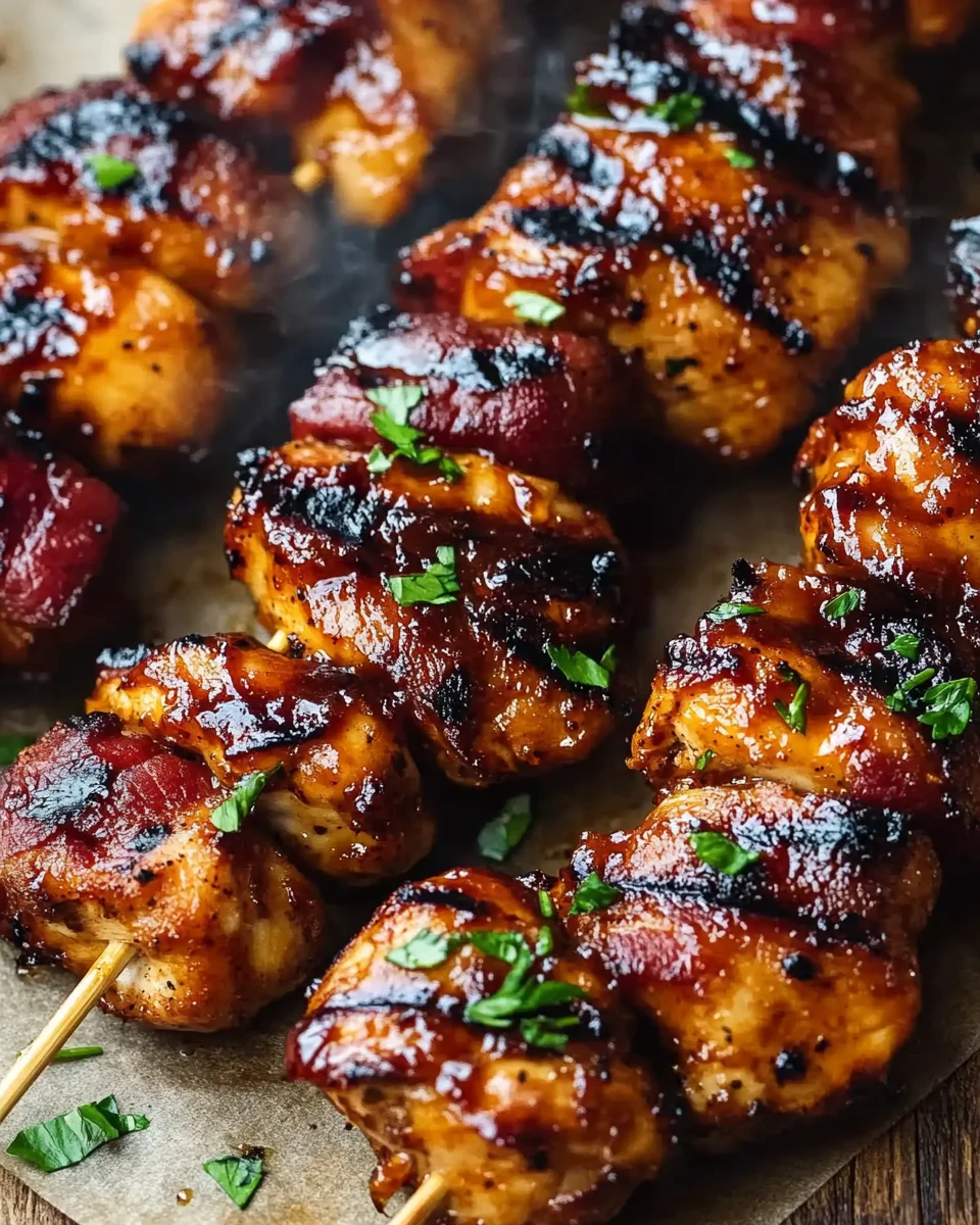 Gegrillte Honig-BBQ-Bacon-Hühnchen-Spieße einfach zubereiten 17 Gegrillte