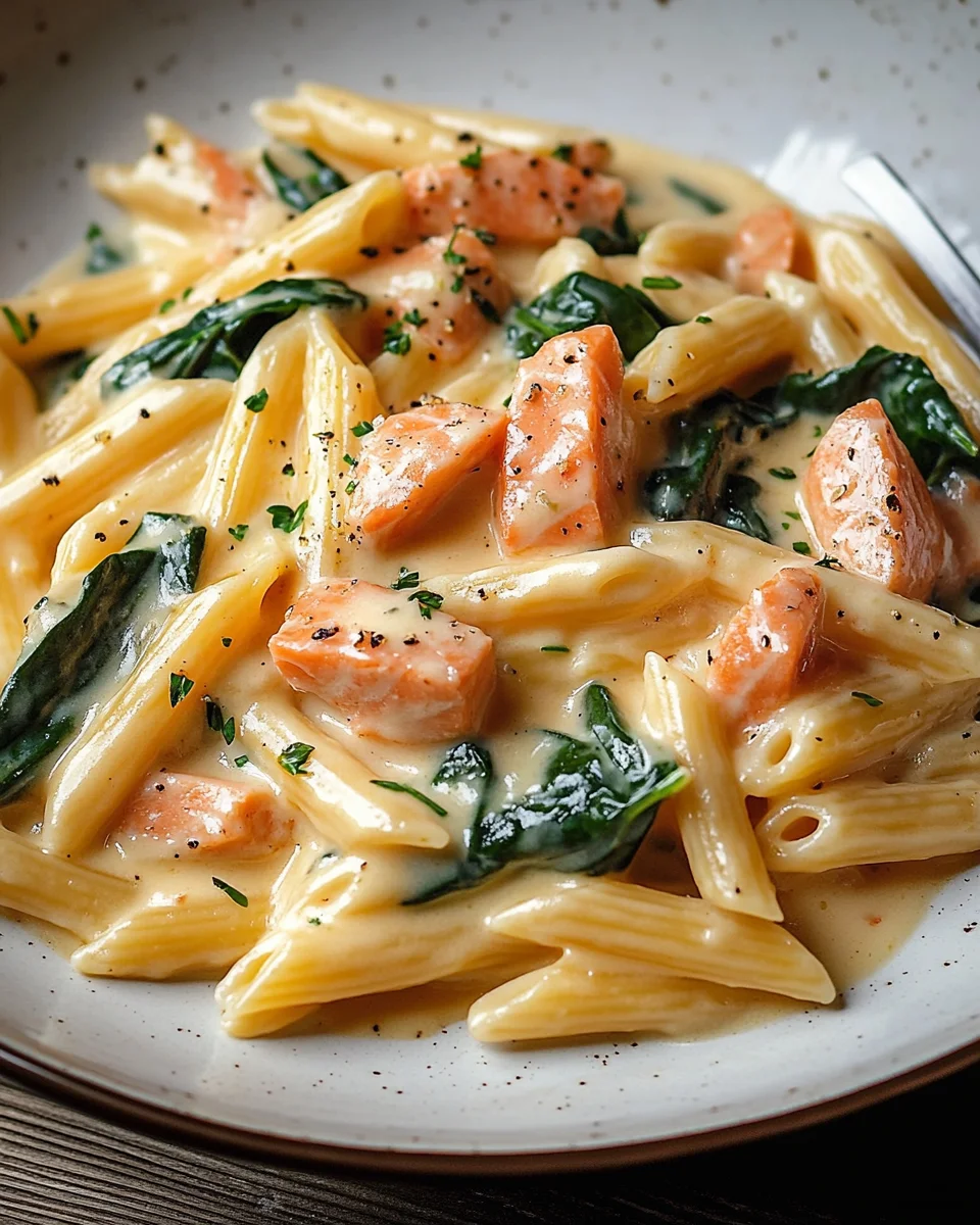 Penne in Lachs-Sahne-Sauce mit Spinat 21 Penne