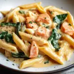 Penne in Lachs-Sahne-Sauce mit Spinat