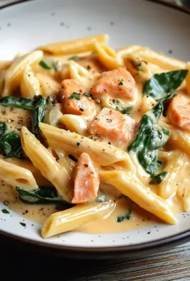 Penne in Lachs-Sahne-Sauce mit Spinat