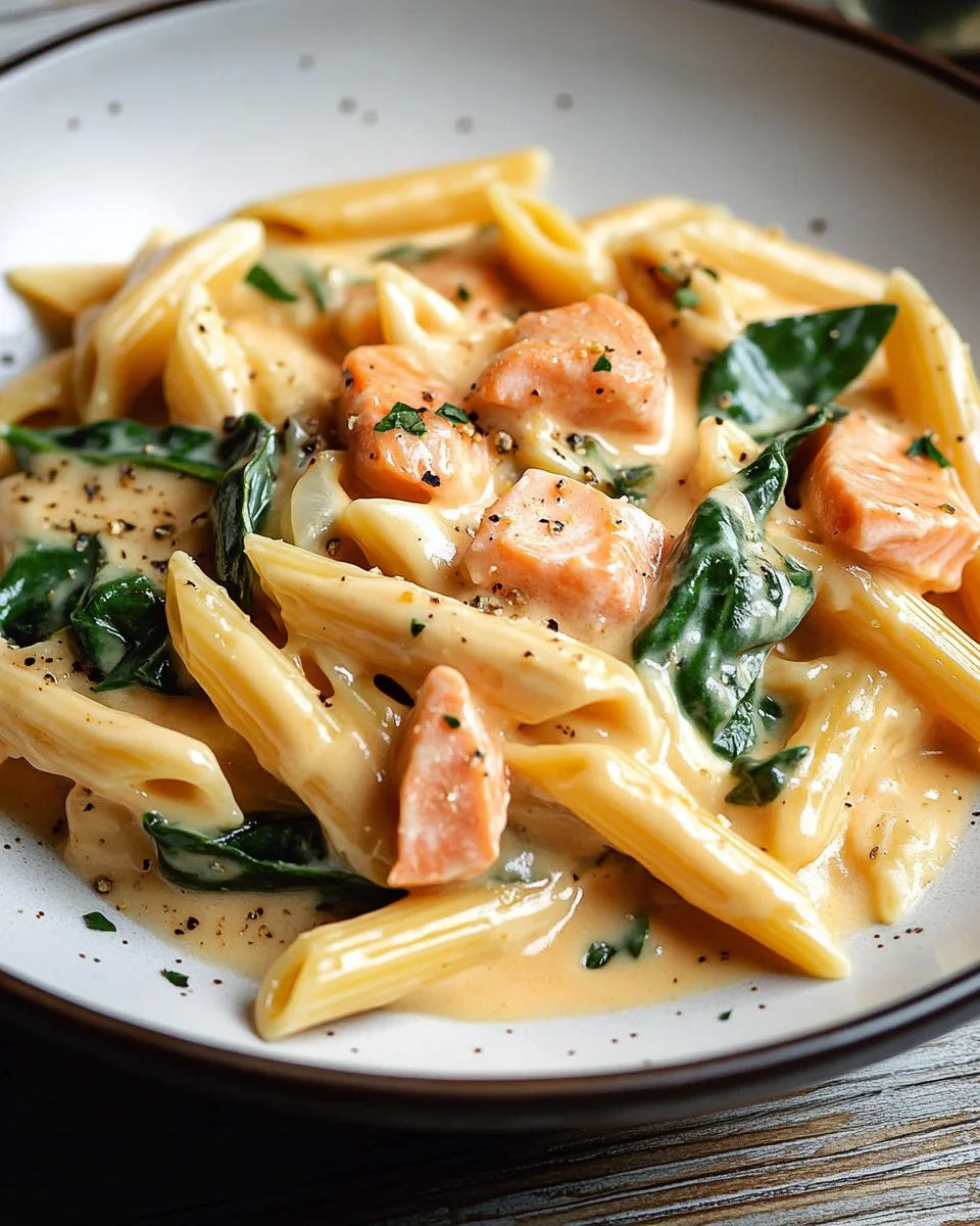 Penne in Lachs-Sahne-Sauce mit Spinat