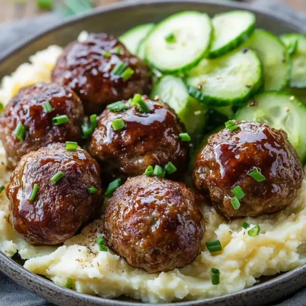 Fleischbällchen mit Gurkensalat und Kartoffelstampf