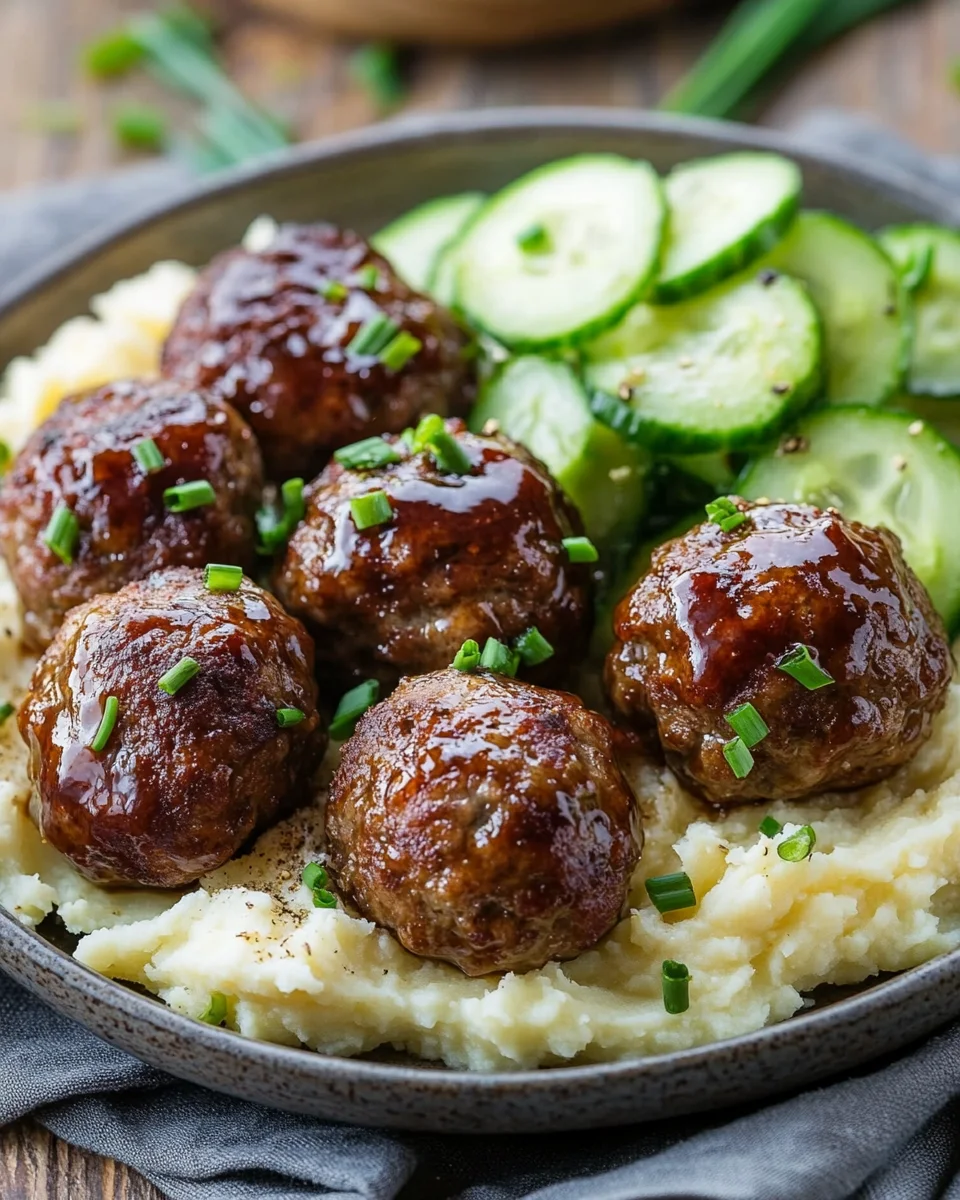 Fleischbällchen mit Gurkensalat und Kartoffelstampf 22 Fleischbällchen mit Gurkensalat und Kartoffelstampf