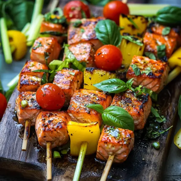 Lachs-Spieße mit Gemüse