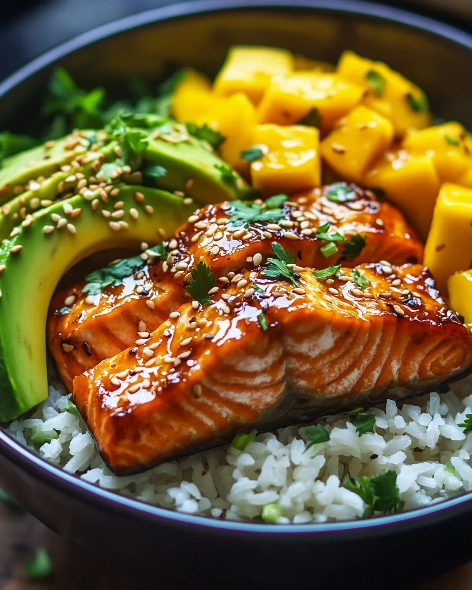 Teriyaki Lachs Reisschüssel mit Mango 3 Teriyaki