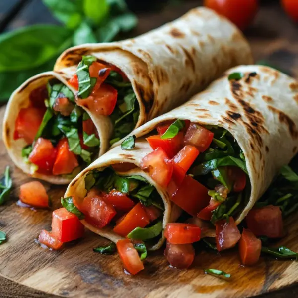 Vegetarische Wrap-Röllchen mit Rucola und Tomaten