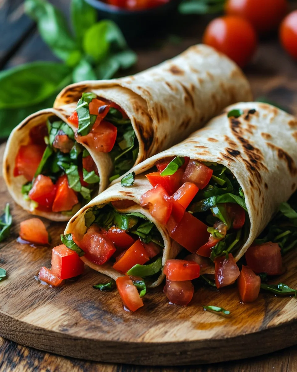 Vegetarische Wrap-Röllchen mit Rucola und Tomaten