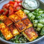 W&uuml;rziger Halloumi mit Tabbouleh und Minzjoghurt